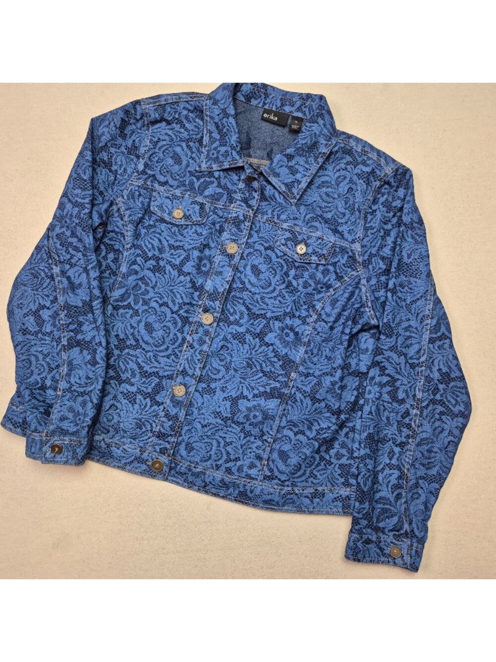 Erika Women's Floral Lace Motif Button Up Stretch Blue Denim Jean Jacket Sz XL
